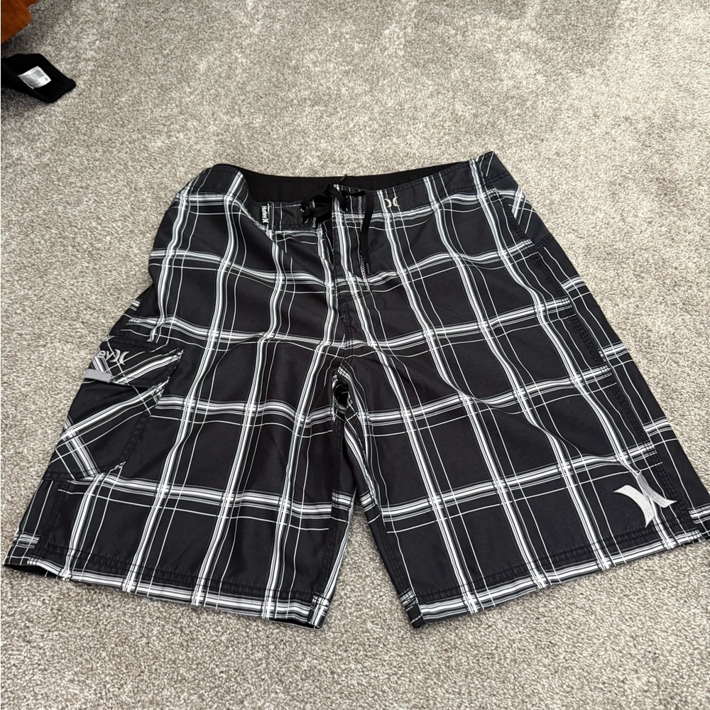Hurley Black and White Board Shorts - 34” Waist - 10” inseam, 21” outseam.